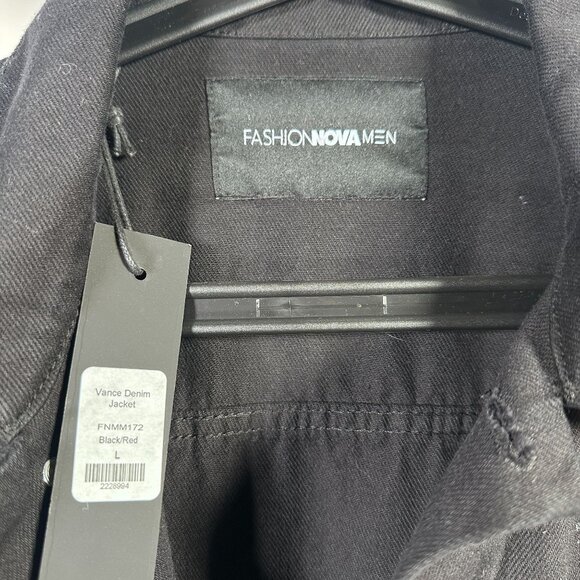 Fashion Nova VANCE Men Black Denim Jacket Red Striped Sleeves Splatter Large NWT - Picture 5 of 7